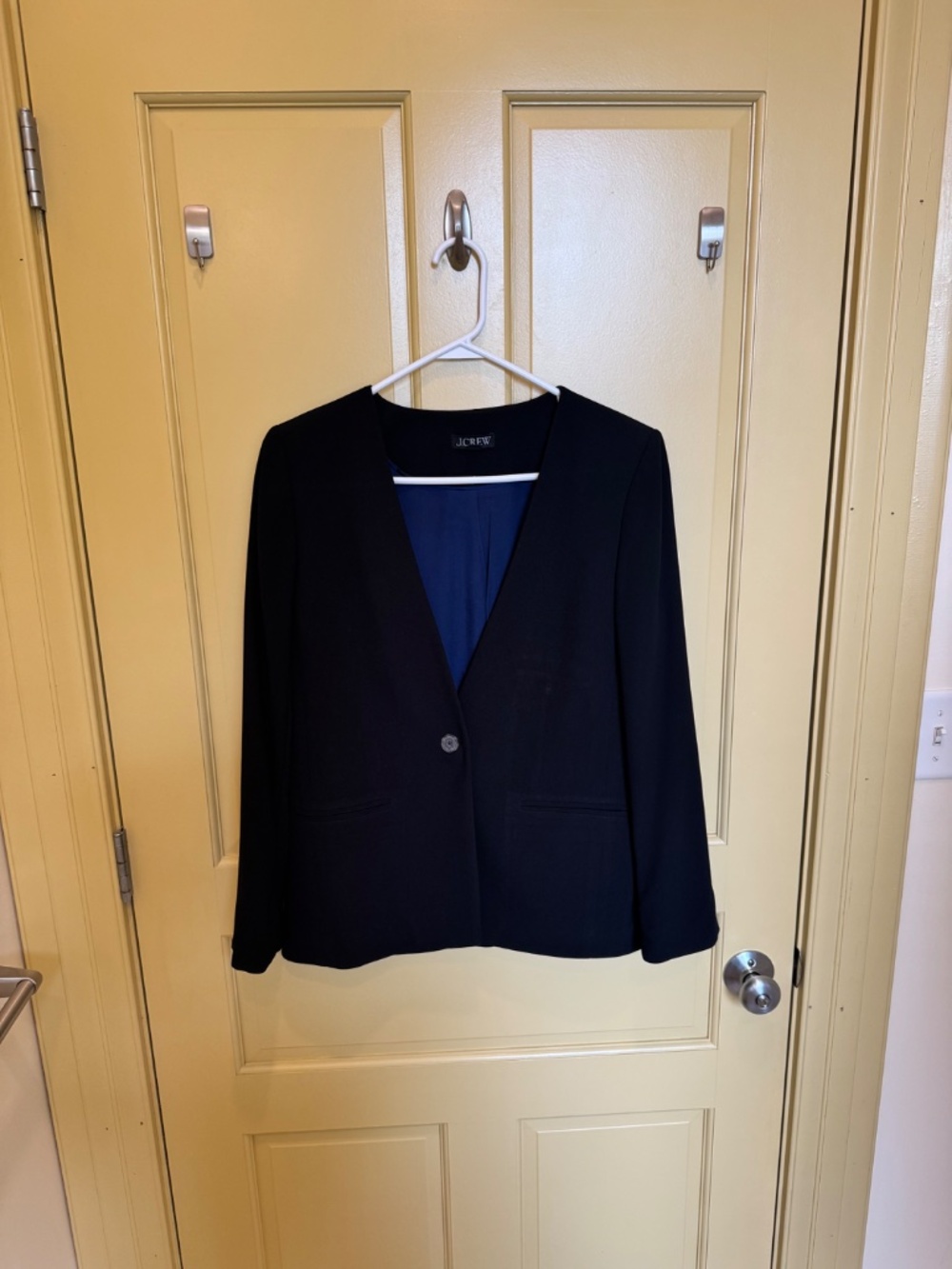 .Crew Collarless Black Blazer Single Button Blue Lining — Size 8
